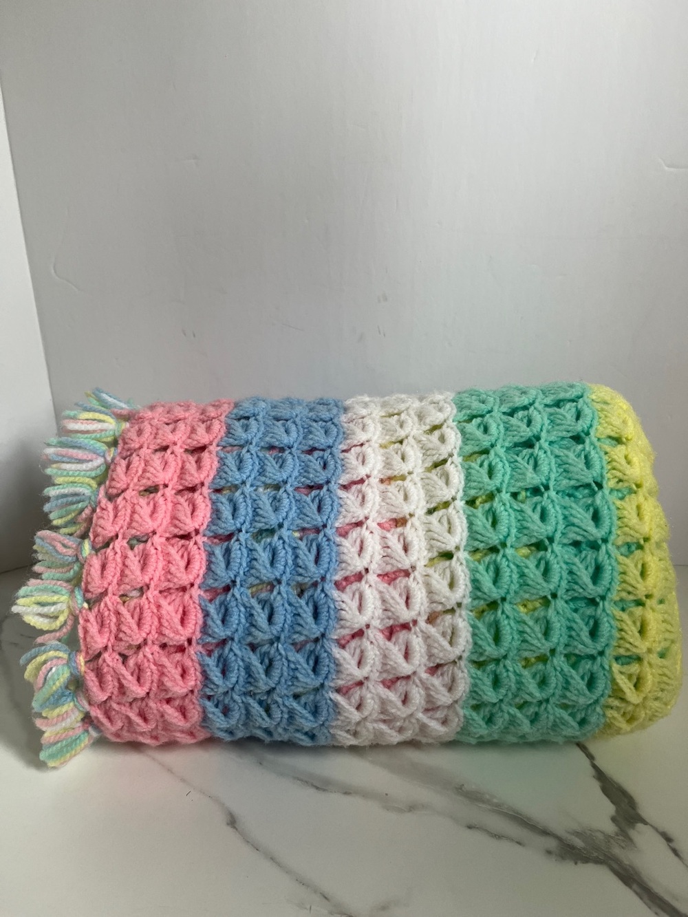 Handmade Vintage Crochet Multicolor Baby Blanket Bed Throw Blanket w/ Fringe